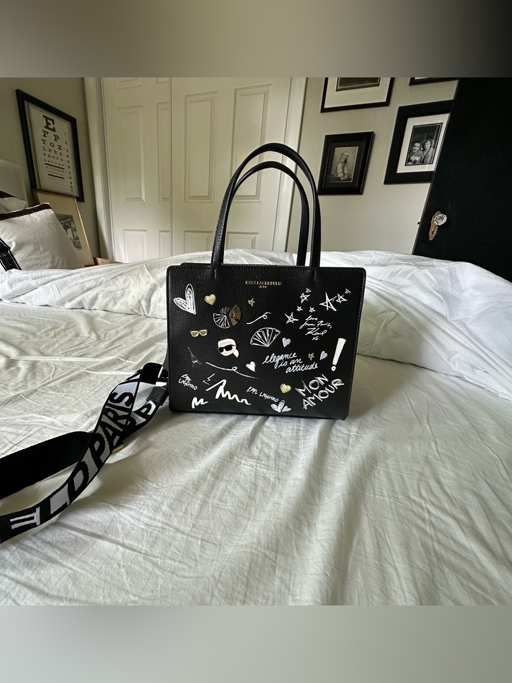 Karl Lagerfeld Black Graphic Leather Tote with Removable Logo Strap